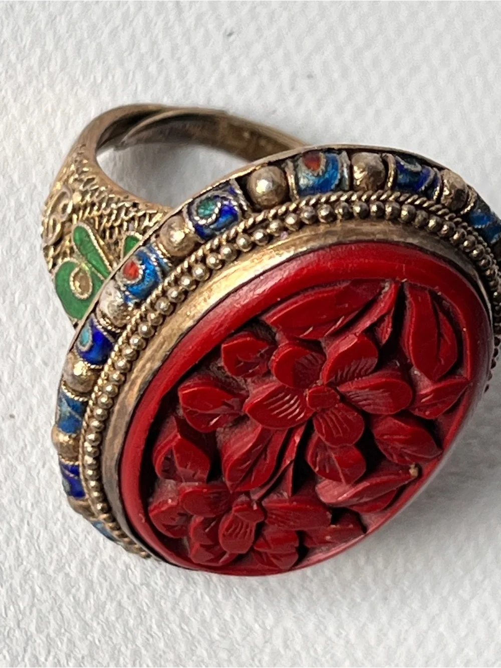 Antique Chinese Cinnabar Ring Carved Floral Silver Gold Gilt Enamel Adjustable